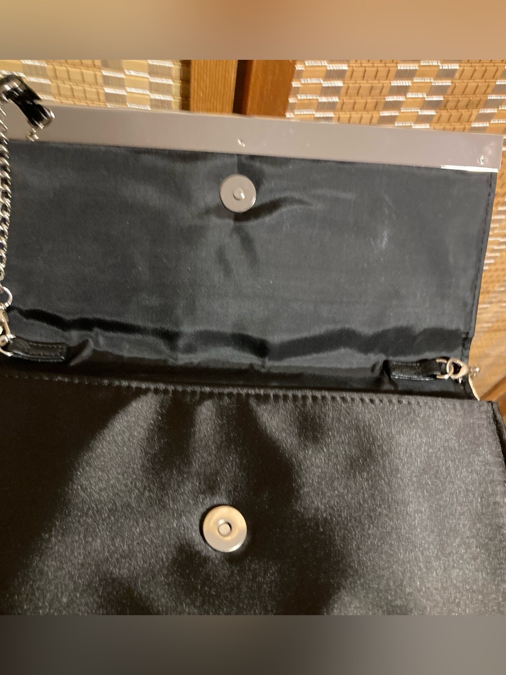 Classic Black Satin Evening Clutch with Silver Accent - Picture 9 of 12